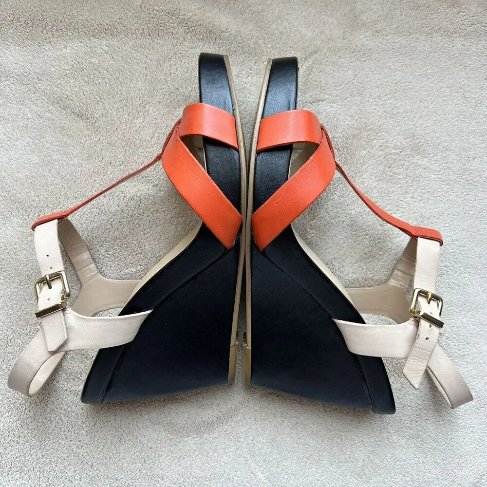 Dune London Gangster Orange Black Tan Leather Wedge Sandal Shoes EU 40 US 10 - Picture 4 of 16